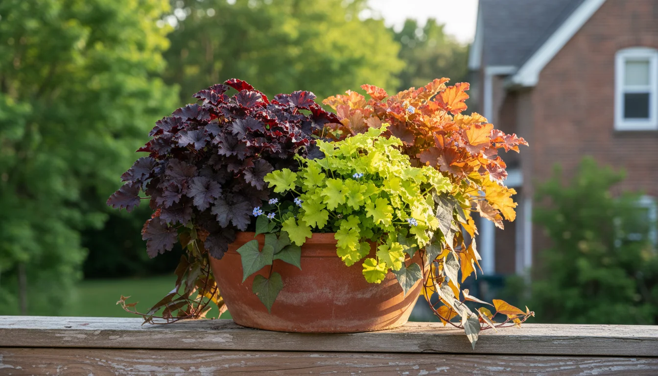 Arrangement of three distinct Heuchera varieties in pots on a weathered wooden balcony railing, showing dark purple, lime green, and coppery foliage.