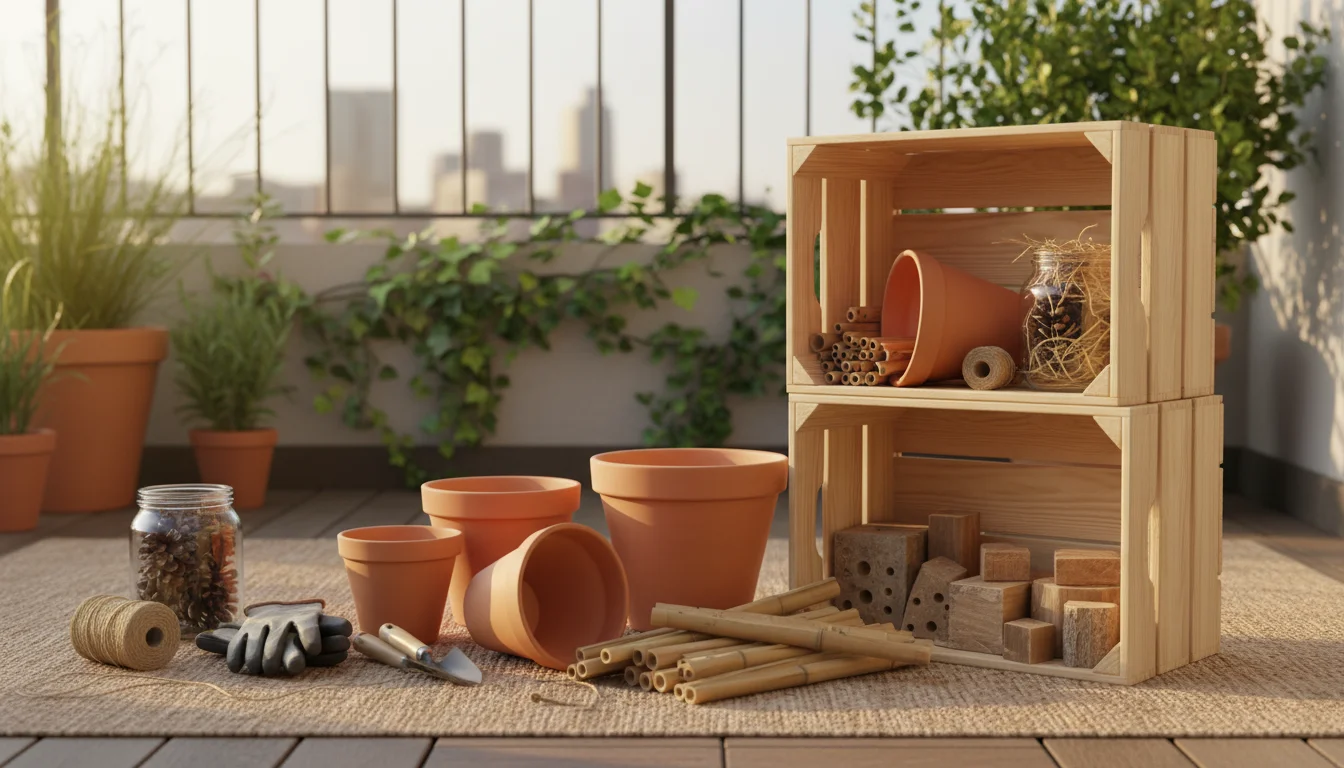 An arrangement of wooden crates, nested terracotta pots, and bundled PVC pipes on an outdoor rug on a sunny urban balcony.