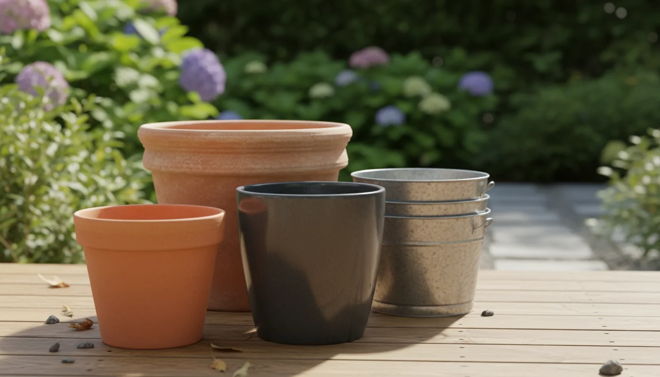 An array of empty garden pots on a wooden patio deck: terracotta, grey glazed ceramic, and a stone-colored resin planter, all with visible drainage.