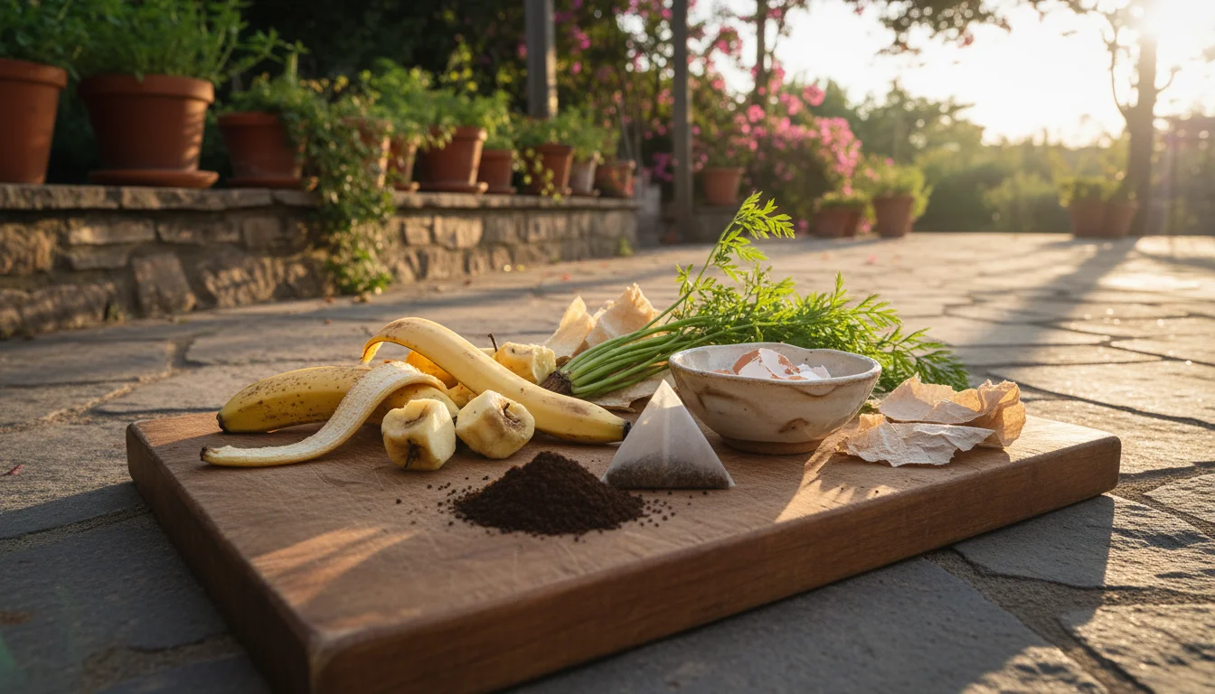 An array of kitchen scraps, including banana peels, apple cores, carrot tops, coffee grounds, eggshells, tea bag, and paper towels, neatly arranged on