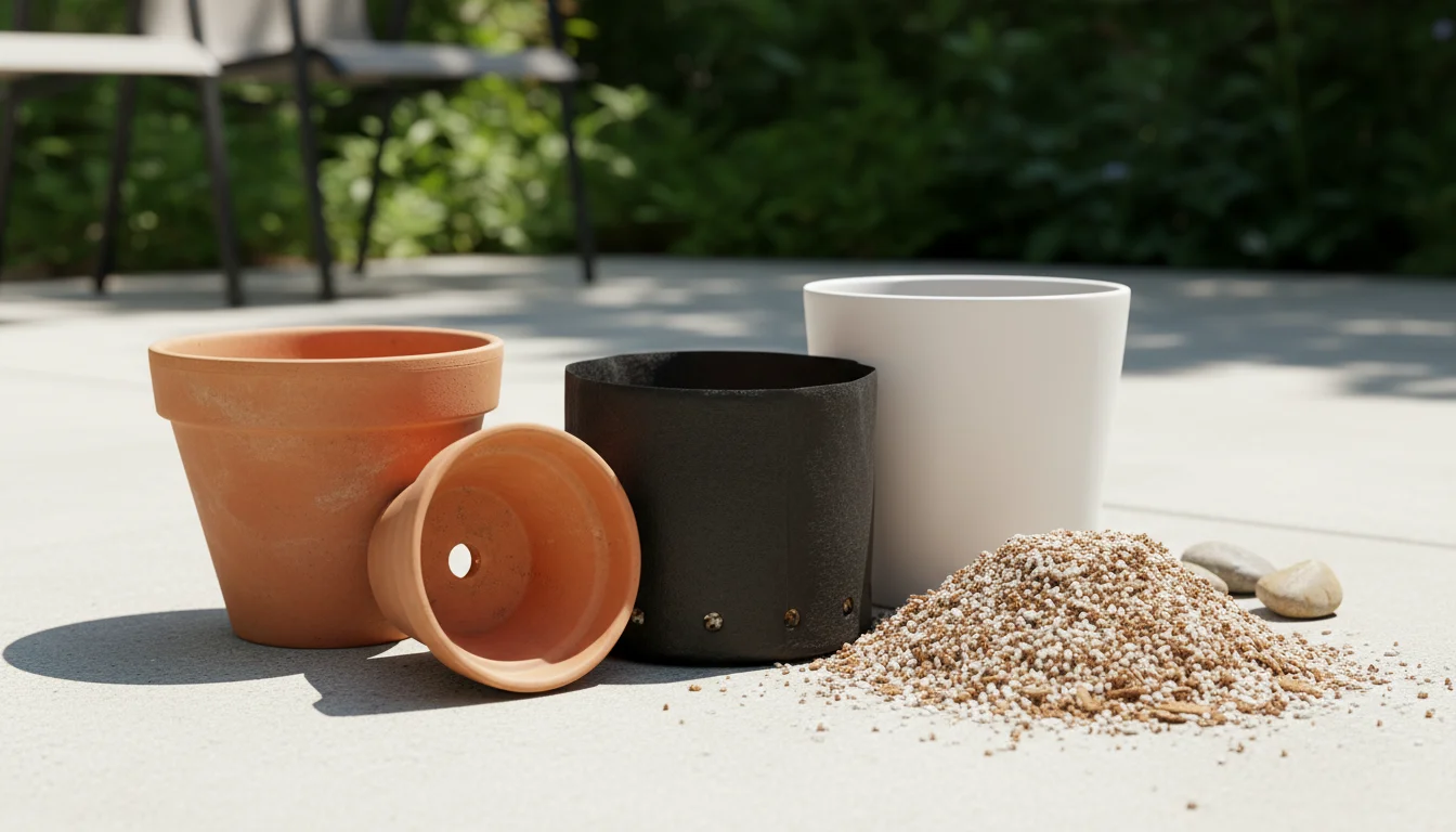 An artful arrangement of small, empty, well-draining terracotta, ceramic, and fabric pots next to a pile of aerated potting mix and a trowel on a pati