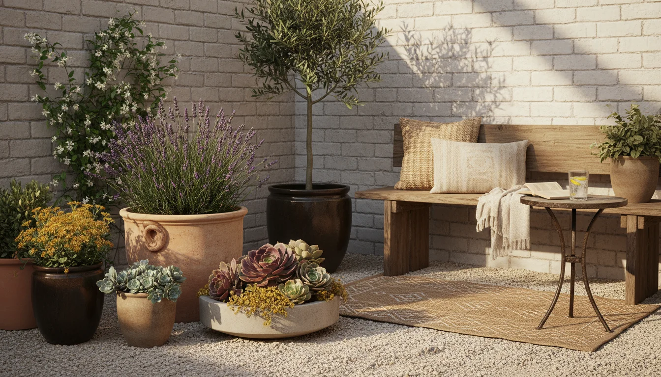 An artfully arranged collection of drought-tolerant plants in various containers, including lavender, succulents, and ornamental grass, on a sunny urb