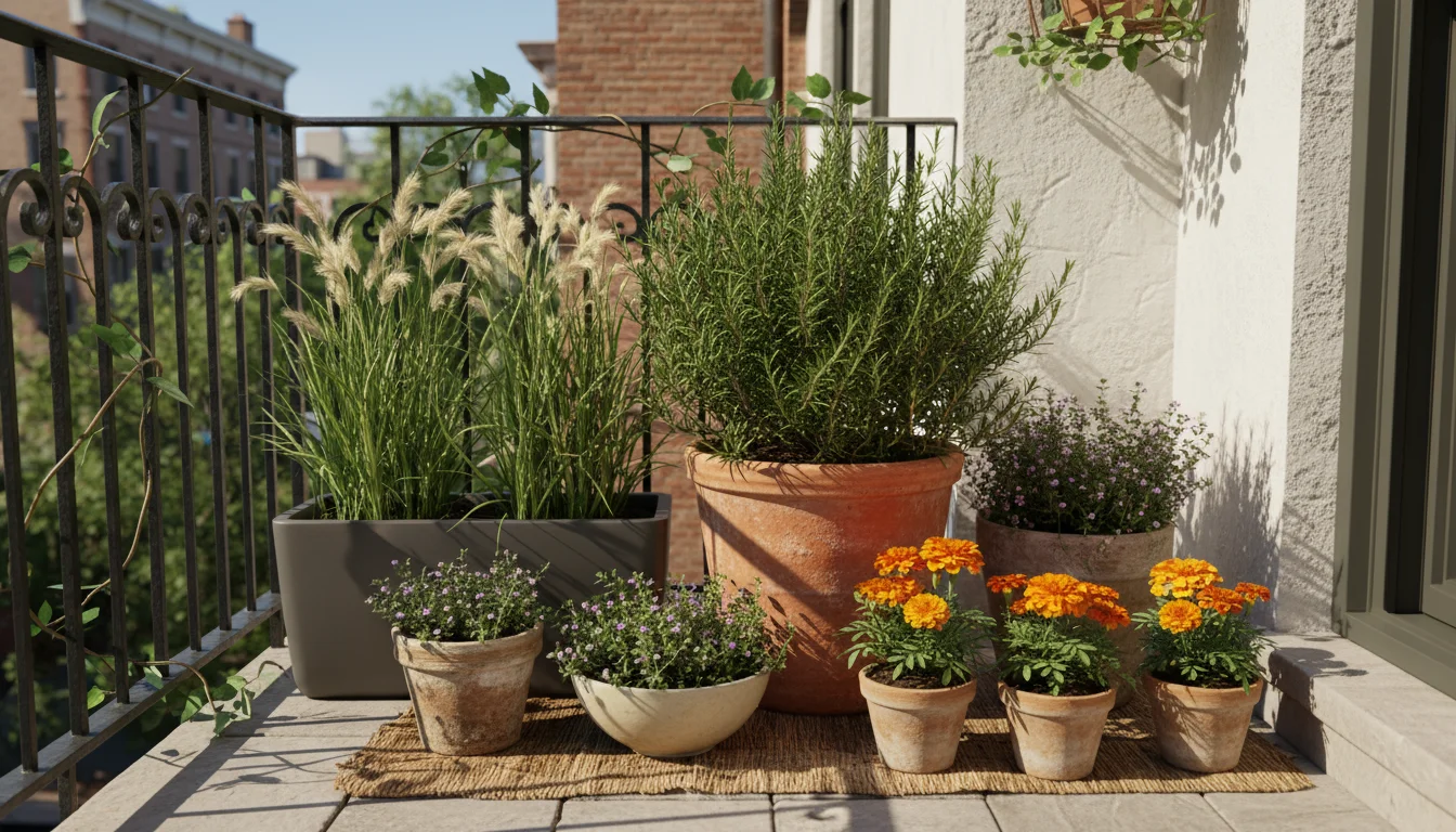 An artfully arranged collection of various-sized container pots on a small urban balcony, featuring herbs, flowers, and grasses.