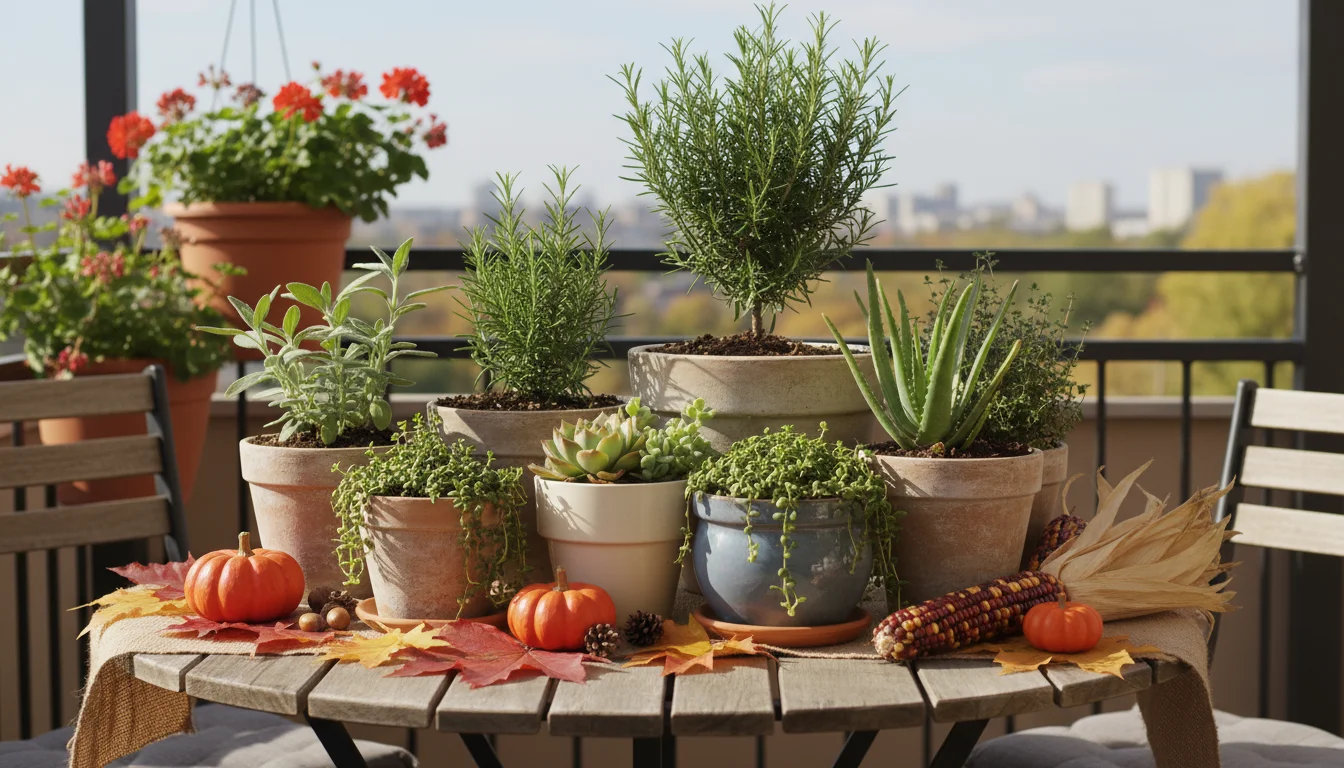 An artfully arranged living fall centerpiece of potted herbs and succulents in terracotta and ceramic pots on a balcony table, with a hand resting nea