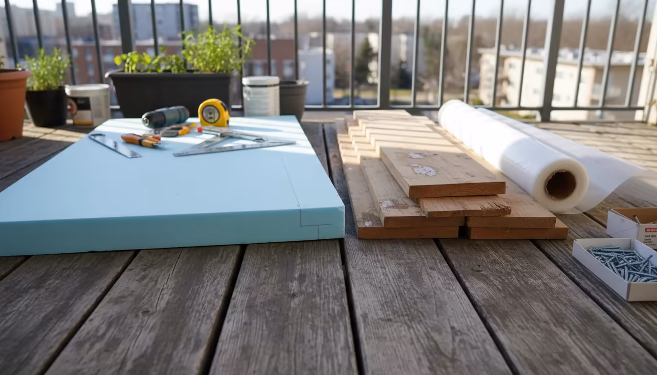 Assorted DIY cold frame materials including reclaimed wood boards, XPS foam insulation, hardware, and an old window pane, laid out on a wooden balcony