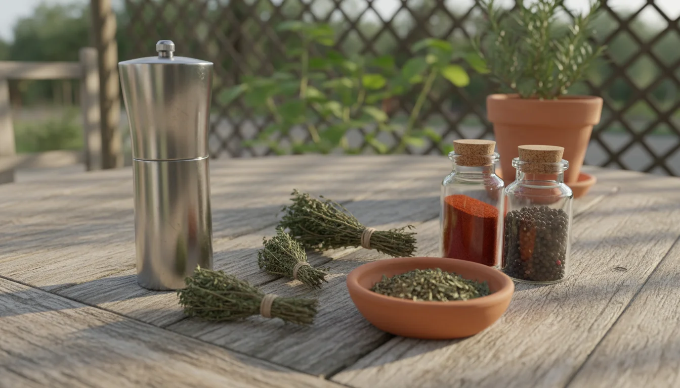 Assorted dried herbs in bowls and bundles, various ground spices in small containers, a spice grinder, mortar and pestle, and empty glass jars on a wo
