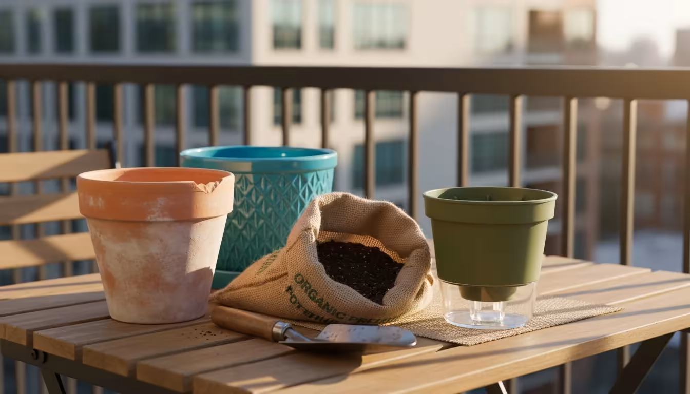 Close-up of assorted empty plant pots—including unglazed terracotta, glazed ceramic, and a plastic self-watering design—arranged with an open bag of p
