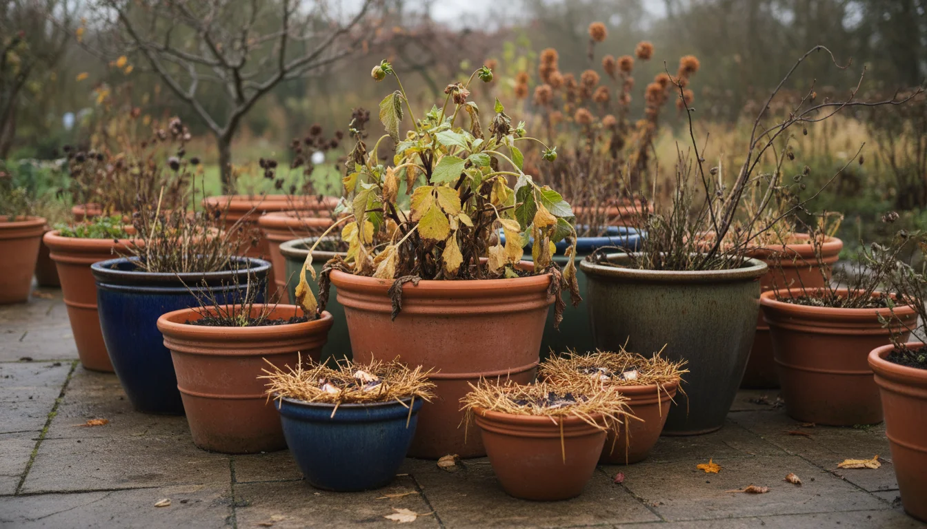 Assorted potted plants on a patio, including a dahlia with dying yellow leaves and pots of mulched soil for spring bulbs.