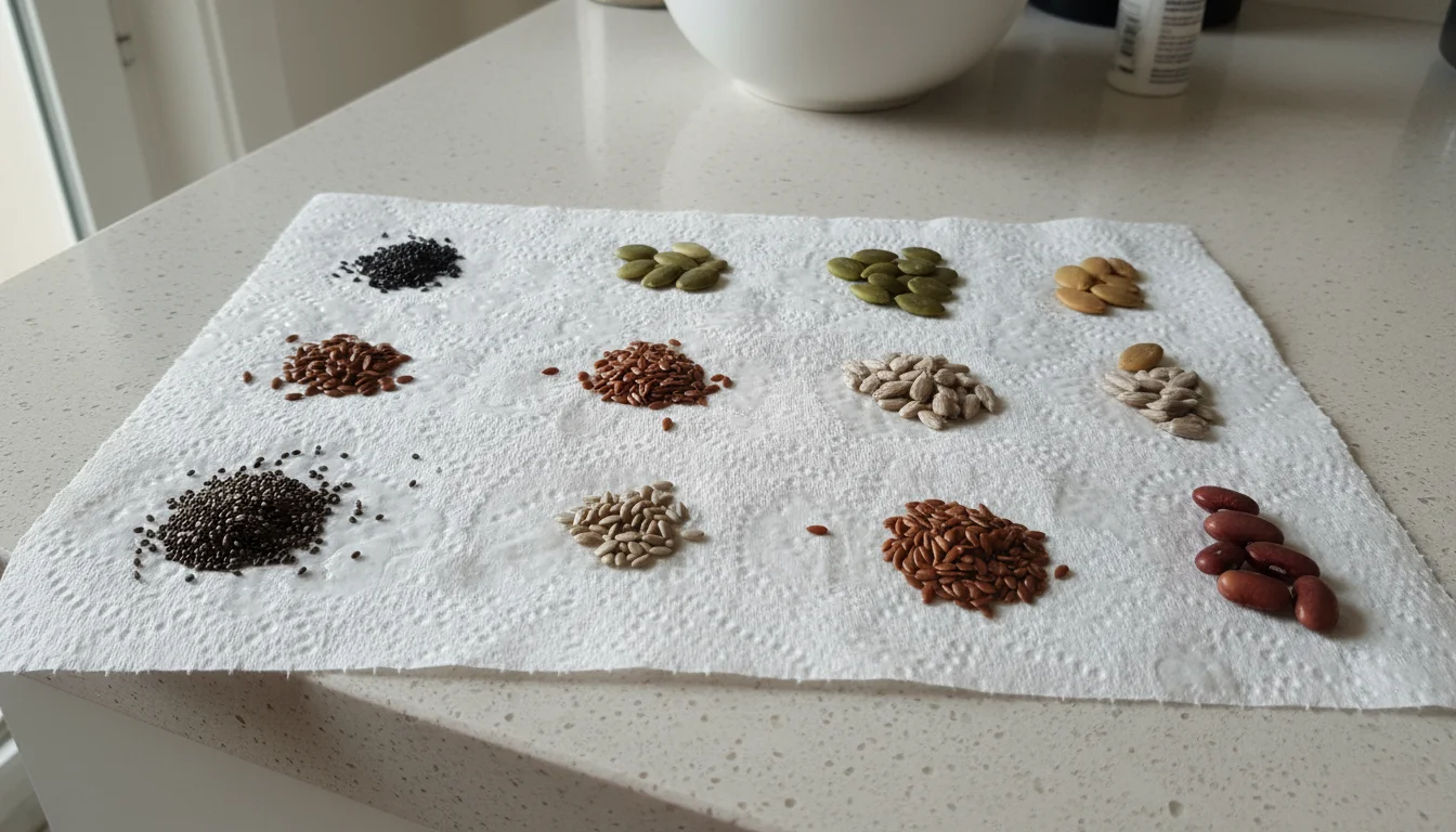 Close-up of assorted seeds spaced out on a damp paper towel, a hand gently placing one, with a spray bottle nearby.