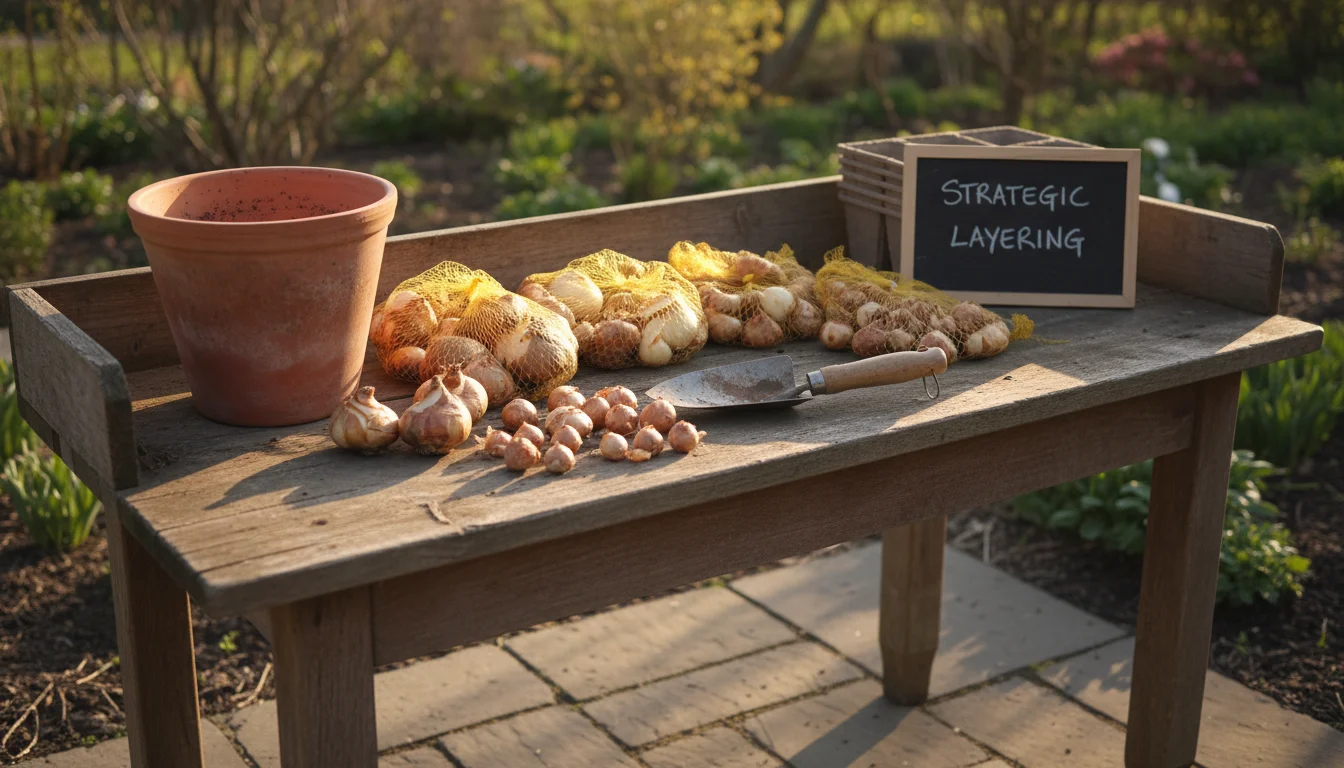 Assorted spring bulbs (daffodil, tulip, crocus) arranged on a rustic wooden potting bench on a sunlit patio next to an empty pot.