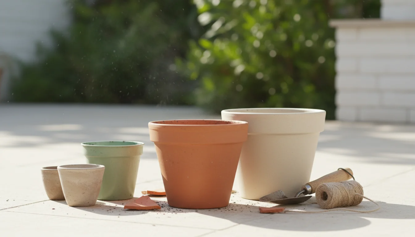 Assortment of empty garden pots (terracotta, ceramic, various sizes 4-10 inches) on a patio. A large terracotta pot shows its drainage hole, with a sm
