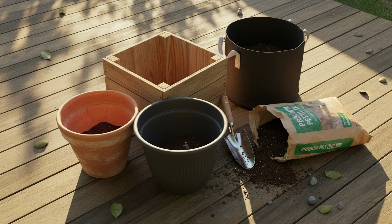 Assortment of empty garden pots: terracotta, plastic, wood, fabric grow bag, on a deck with potting mix and trowel.