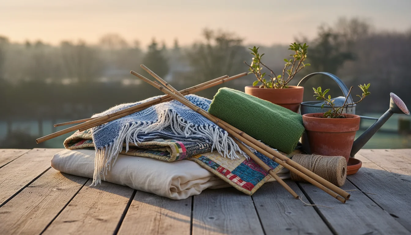 Assortment of frost protection textiles (bed sheet, blanket, quilt, towel) and bamboo stakes gathered on a balcony floor, with potted plants in backgr