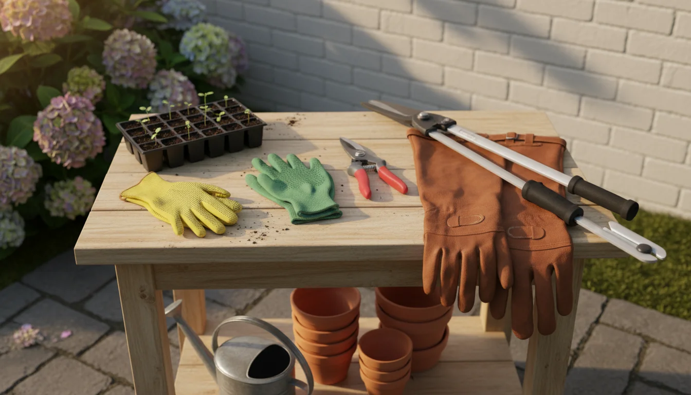 Assortment of gardening gloves and tools on a patio potting bench, showcasing options for various small garden tasks among container plants.