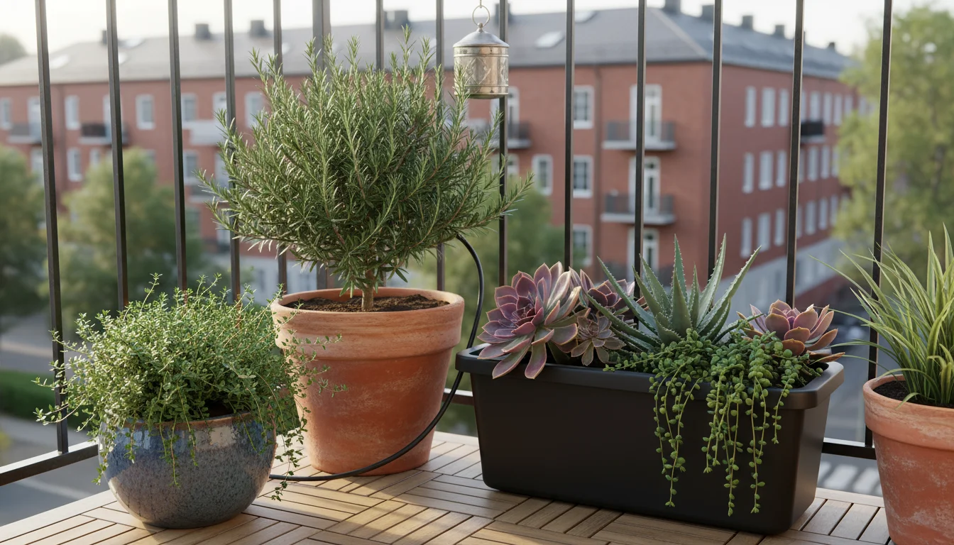 An assortment of healthy drought-tolerant plants like rosemary, thyme, and succulents in various containers on a sunlit urban balcony, with a visible 