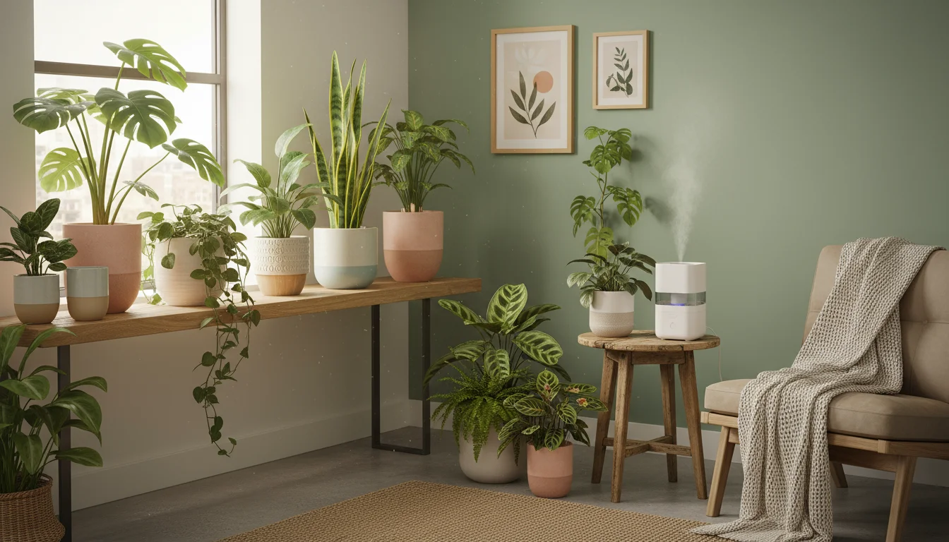 An assortment of healthy houseplants, including a Calathea and a fern, on shelves and a side table, with a small humidifier emitting mist and a visibl