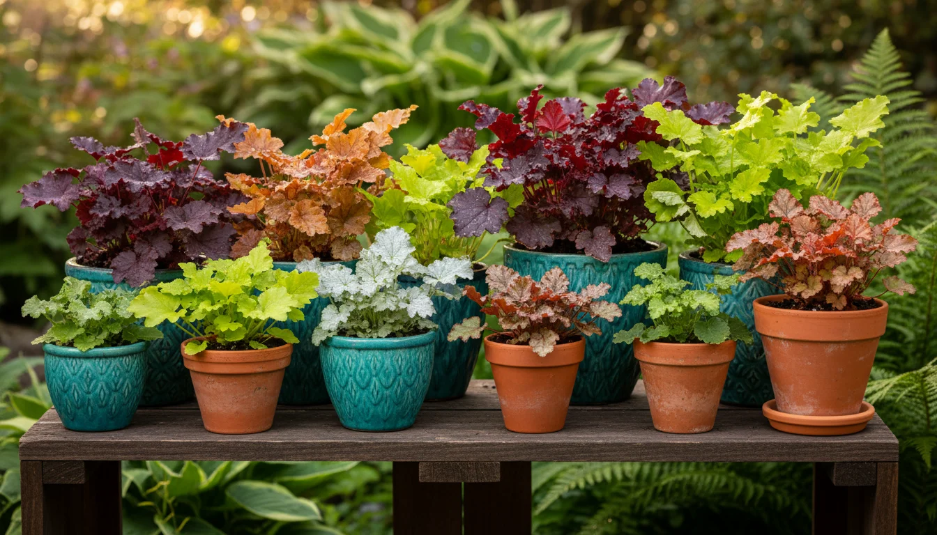 An assortment of Heuchera plants in various colored foliage (purple, silver, green, bronze) in different pots on a shaded balcony shelf.