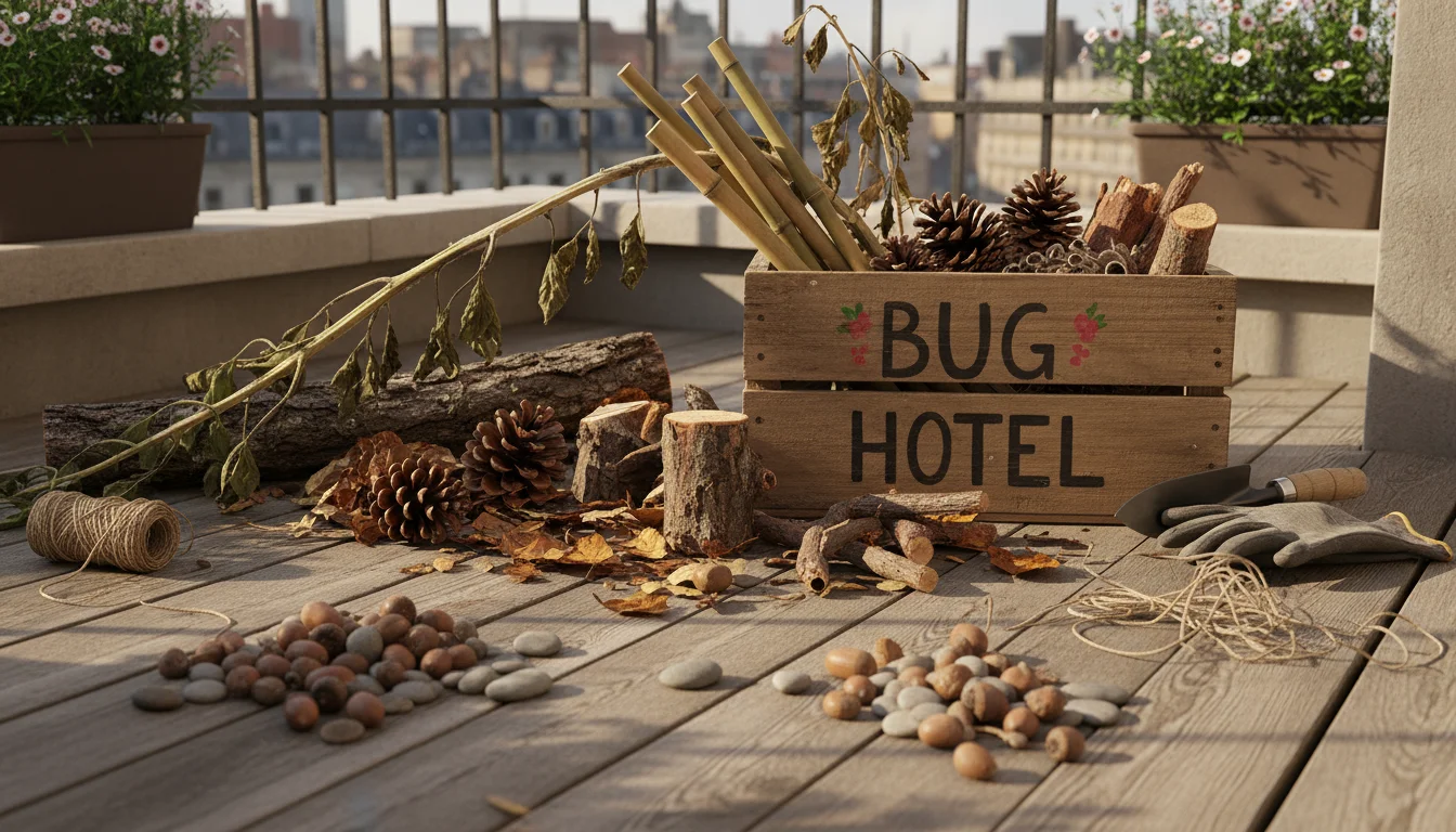 An assortment of natural materials like hollow stems, pine cones, leaves, and wood, laid out with tools on a balcony floor.