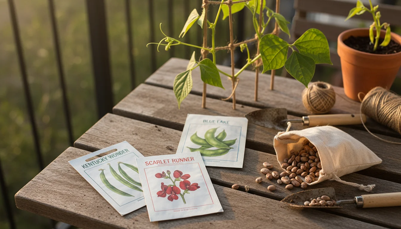 Assortment of pole bean seed packets on a weathered wooden table, with a young bean plant climbing a twine trellis in a pot in the background.