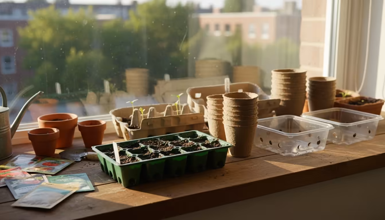 An assortment of seed starting containers, including a green plastic cell tray, coir pots, and peat pellets, arranged on a sunlit wooden windowsill.
