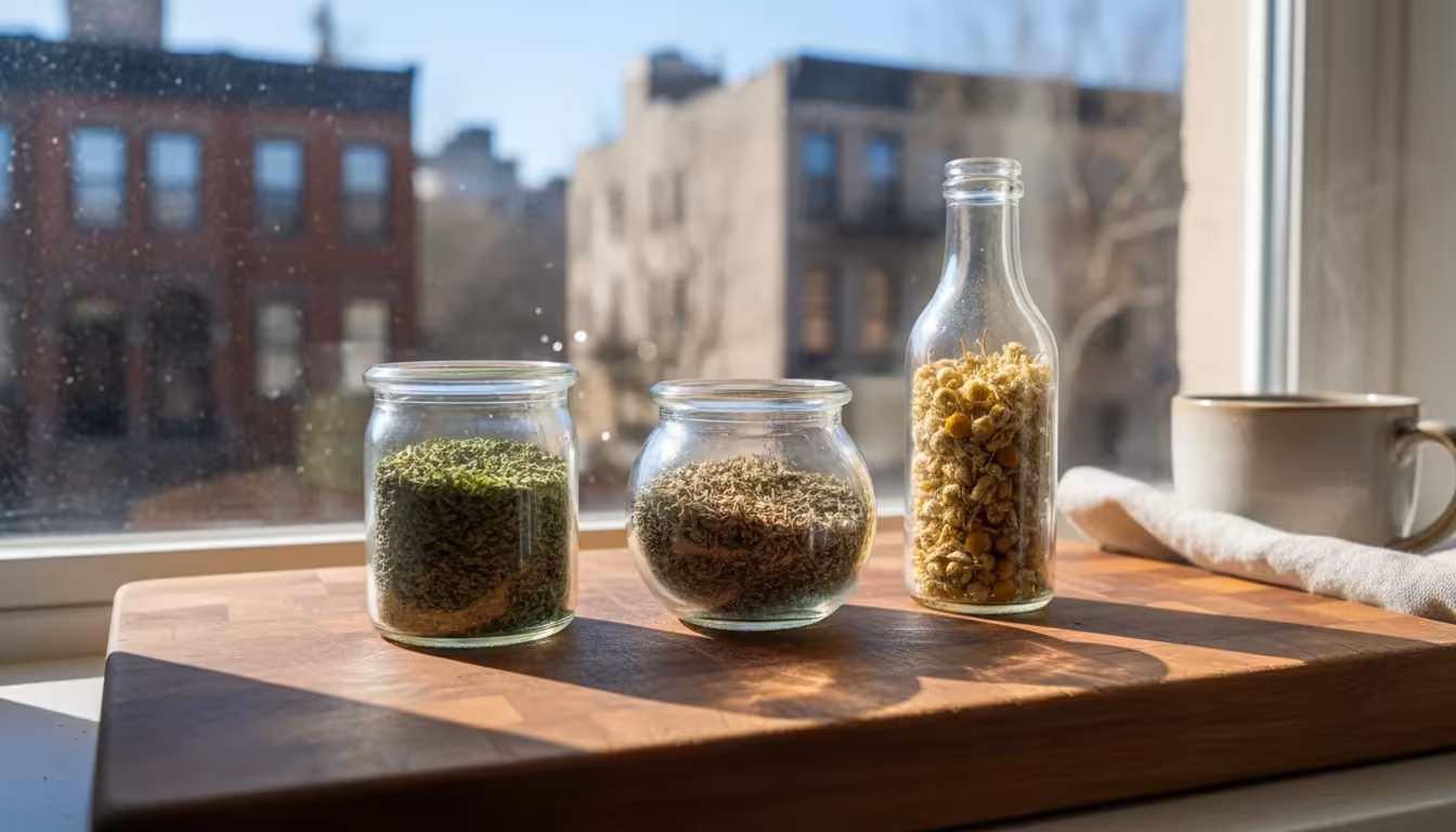 Assortment of vibrant and slightly varied dried herbs in small, mismatched glass jars on a wooden board on a sunlit windowsill, next to an open notebo