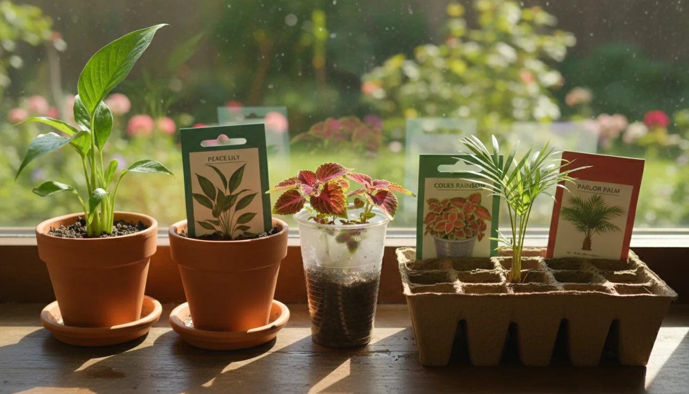 Assortment of young houseplant seedlings like peace lilies and coleus growing in small, mixed pots on a sunlit windowsill, with seed packets nearby.