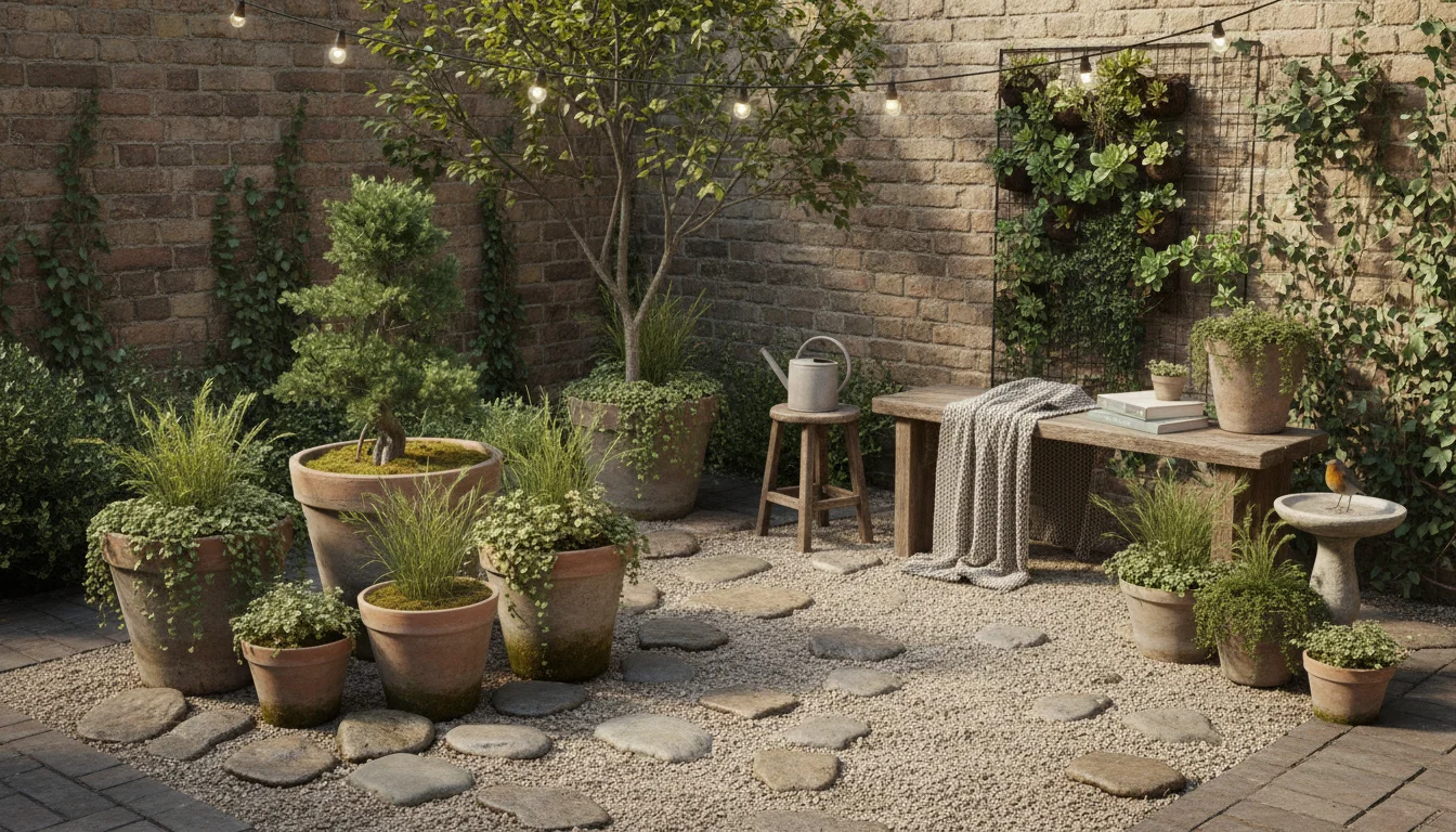 A close-up view of an asymmetrical container garden on a patio, featuring varied pots, a dwarf conifer, river stones, and driftwood for a natural look