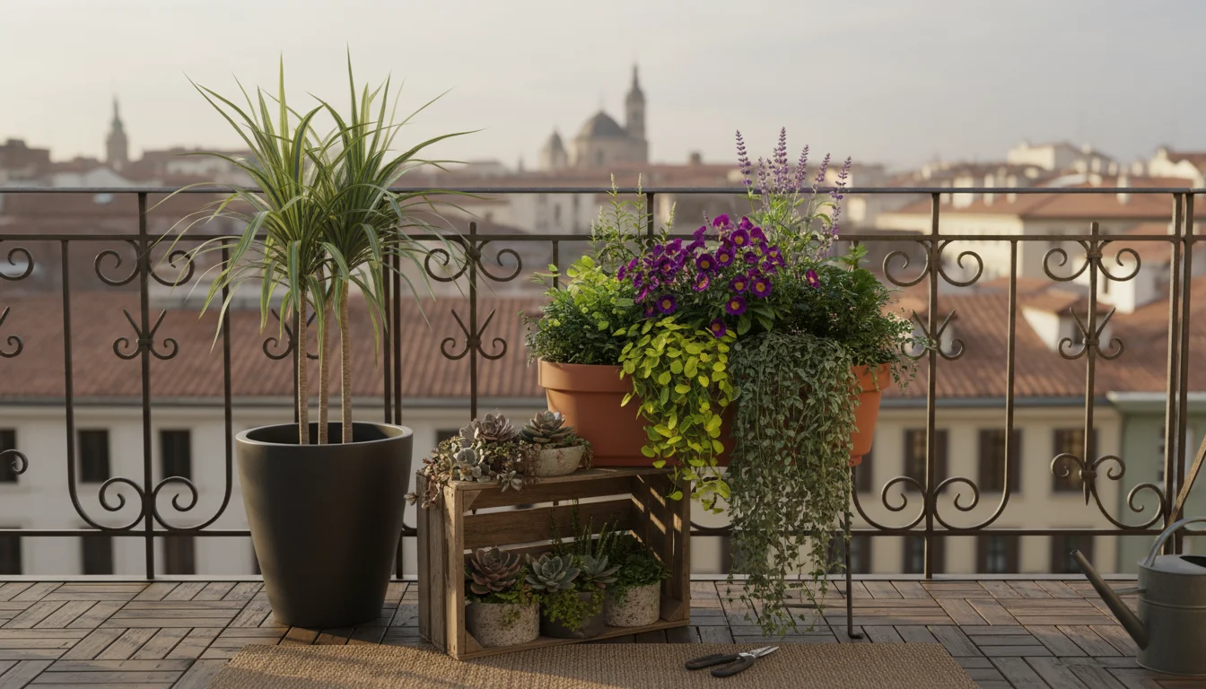 Asymmetrical container garden on a small urban balcony, featuring a tall plant balancing a cluster of lower pots and a teal bistro chair.