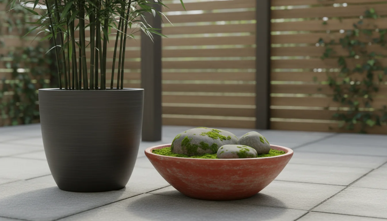 Asymmetrical Zen garden arrangement on a small patio: a tall black bamboo plant in a dark pot balanced by river stones and moss in a shallow terracott