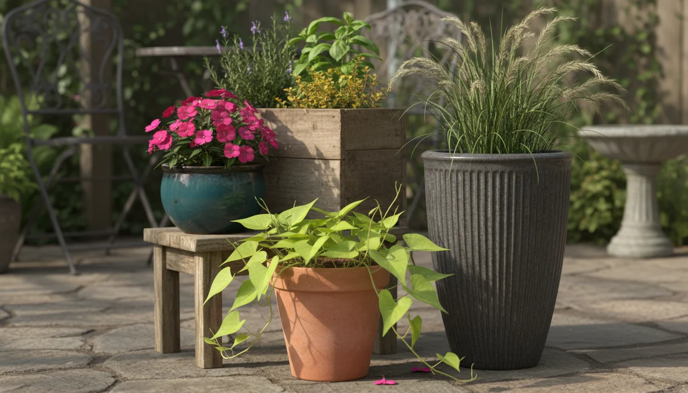 Asymmetrically arranged container garden on a small patio featuring a tall grass planter balanced by a cluster of smaller pots.