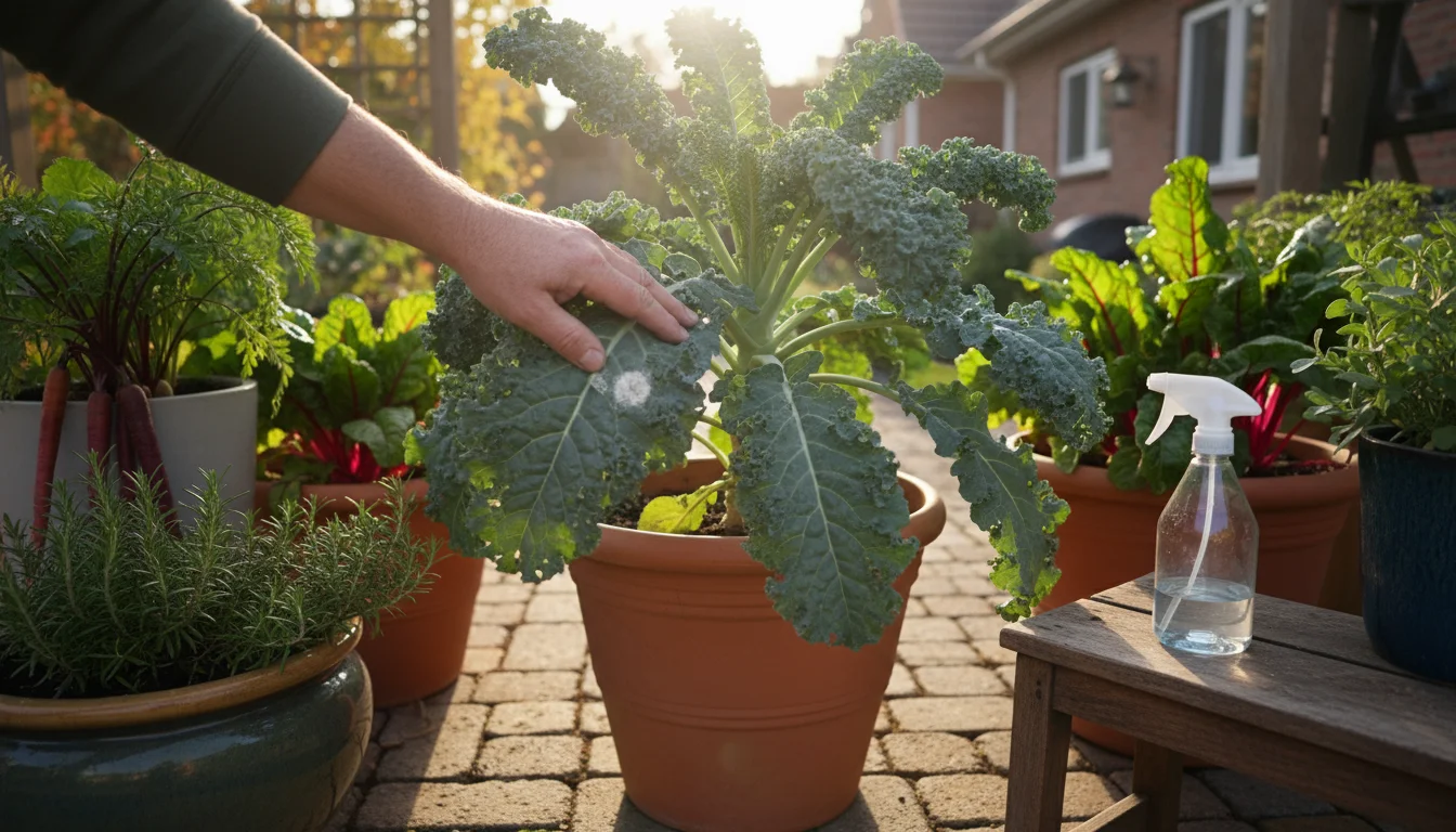 An attentive gardener inspects kale in a container on a patio, noting a faint powdery mildew patch, with a spray bottle nearby.