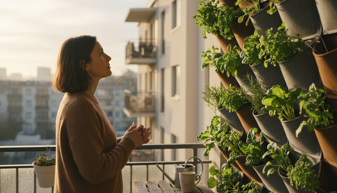 A person on a balcony looking at neatly arranged vertical garden supplies: potting mix, pots, starter plants, tools, and planter components.