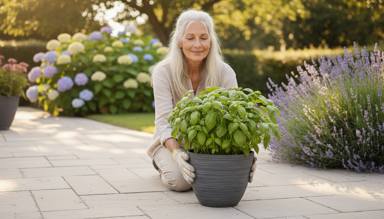 Senior hands inspect a small potted basil plant on a kitchen counter for pests, preparing it for indoor winter survival under a subtle grow light.