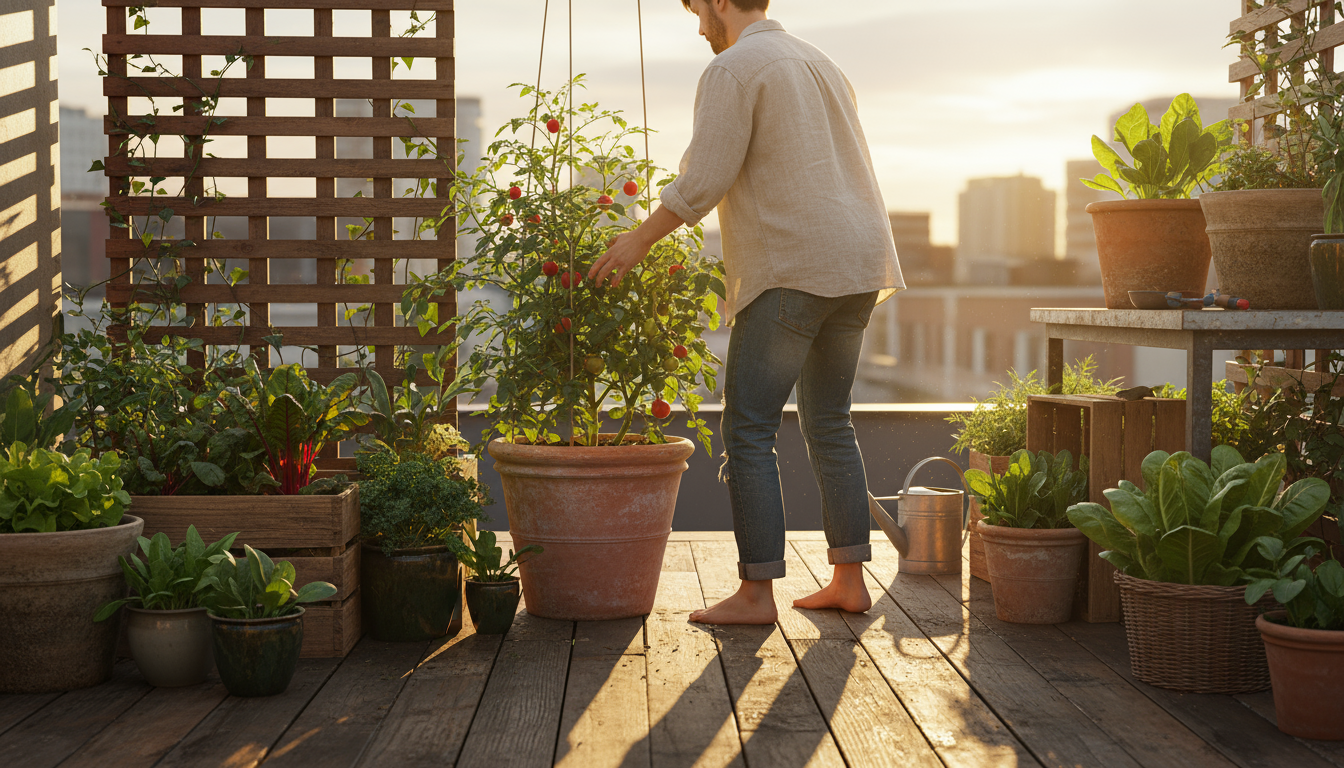 Close-up of a hand with two fingers checking the moisture of dark potting soil in a terracotta pot with a tomato plant, bathed in soft morning light.