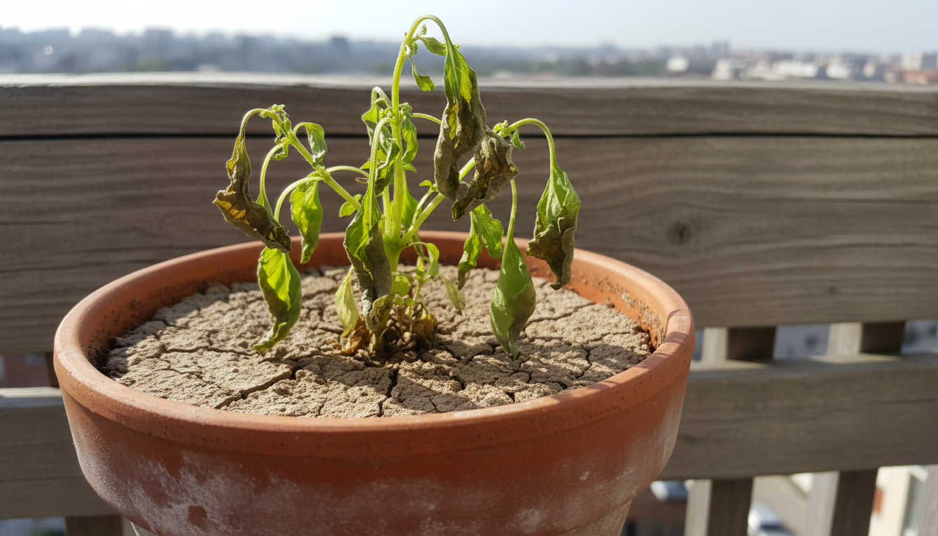 Hands harvesting vibrant loose-leaf lettuce from a terracotta pot on a small patio, with arugula, spinach, and Swiss chard in other containers.
