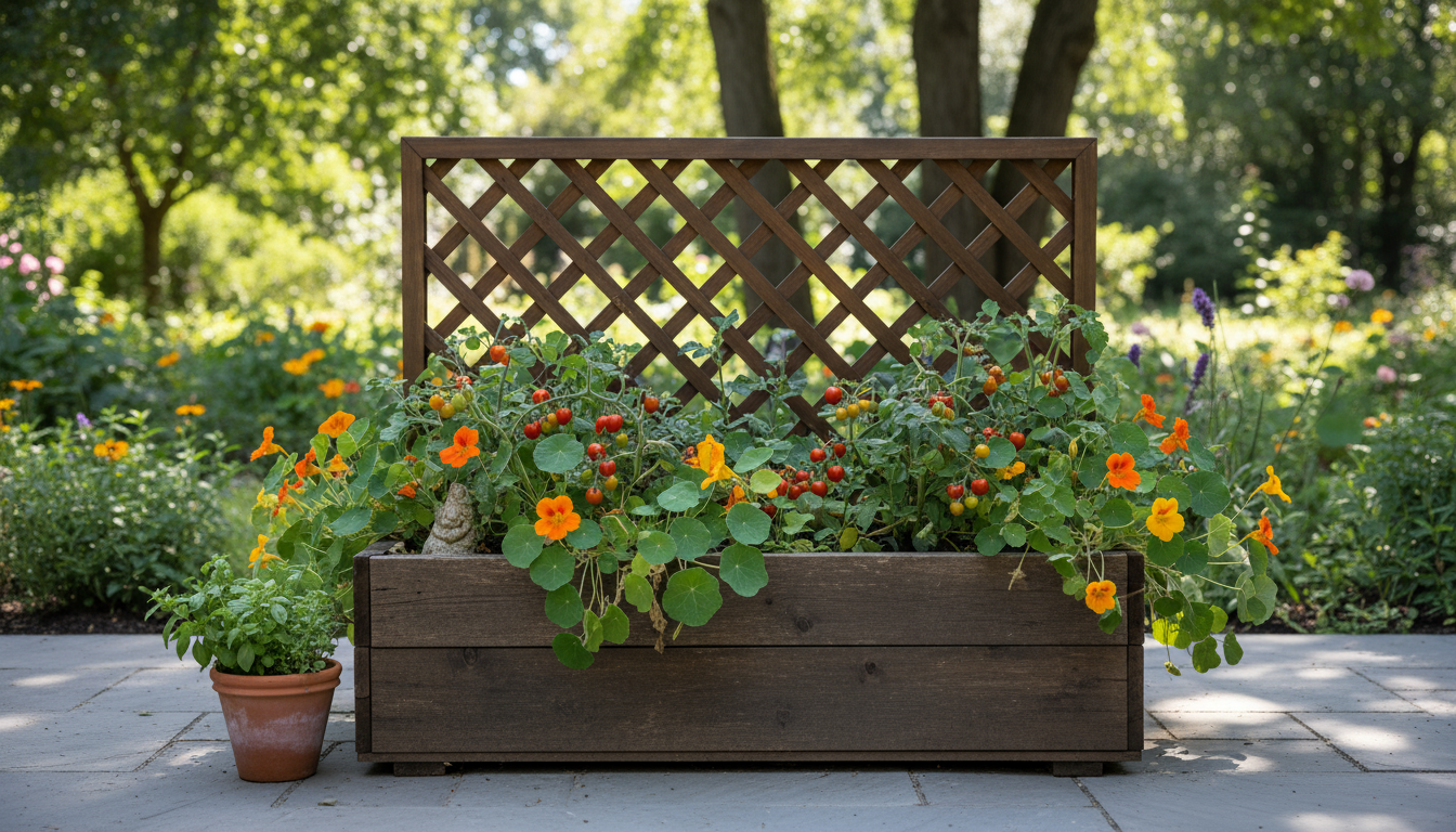Person sits on a patio deck, holding a gardening notebook, thoughtfully observing thriving container vegetables in soft, late-afternoon light.