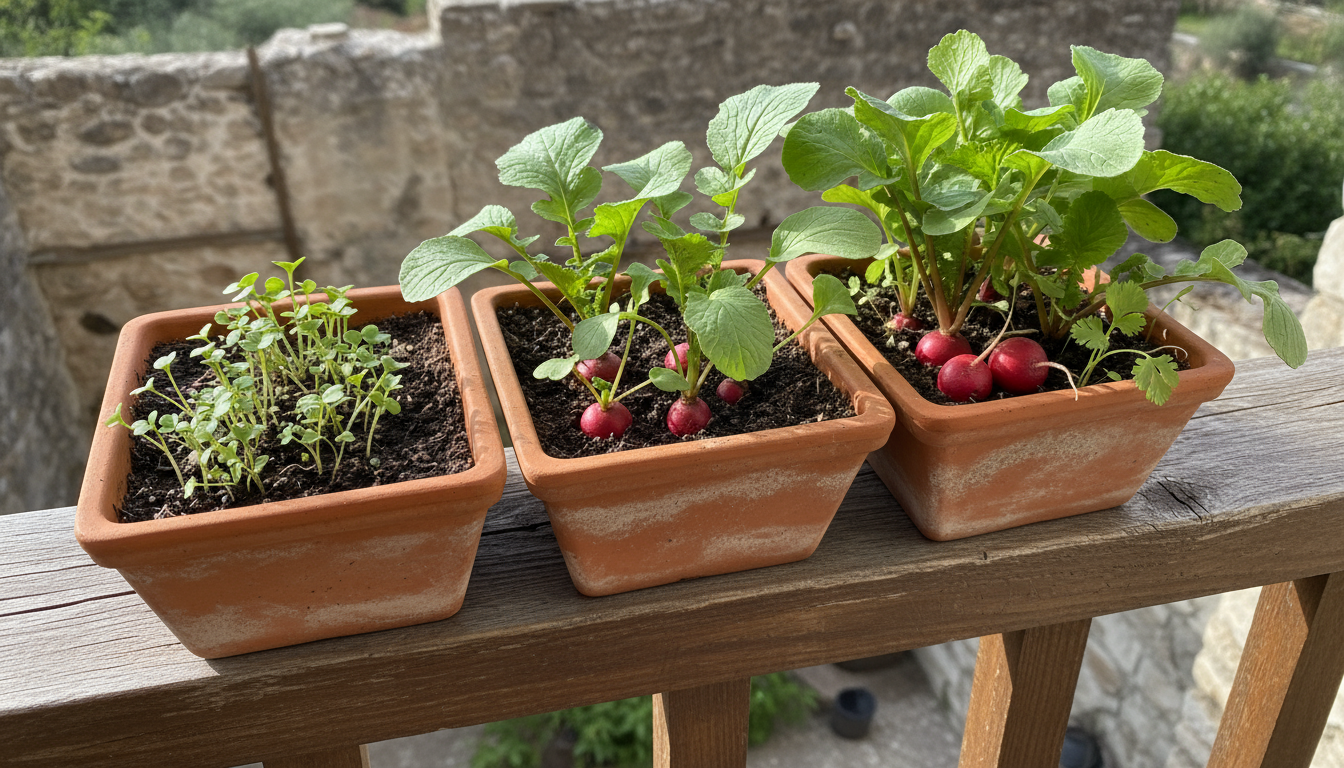 Overhead view of a patio table with seed packets, a notebook, and small pots being prepared for succession planting by a woman's hands.