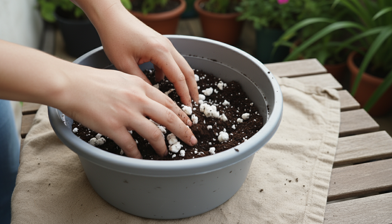 A hand sprinkles diatomaceous earth onto the dry soil of a potted Pothos plant on a balcony, with a subtle yellow sticky trap visible for fungus gnats