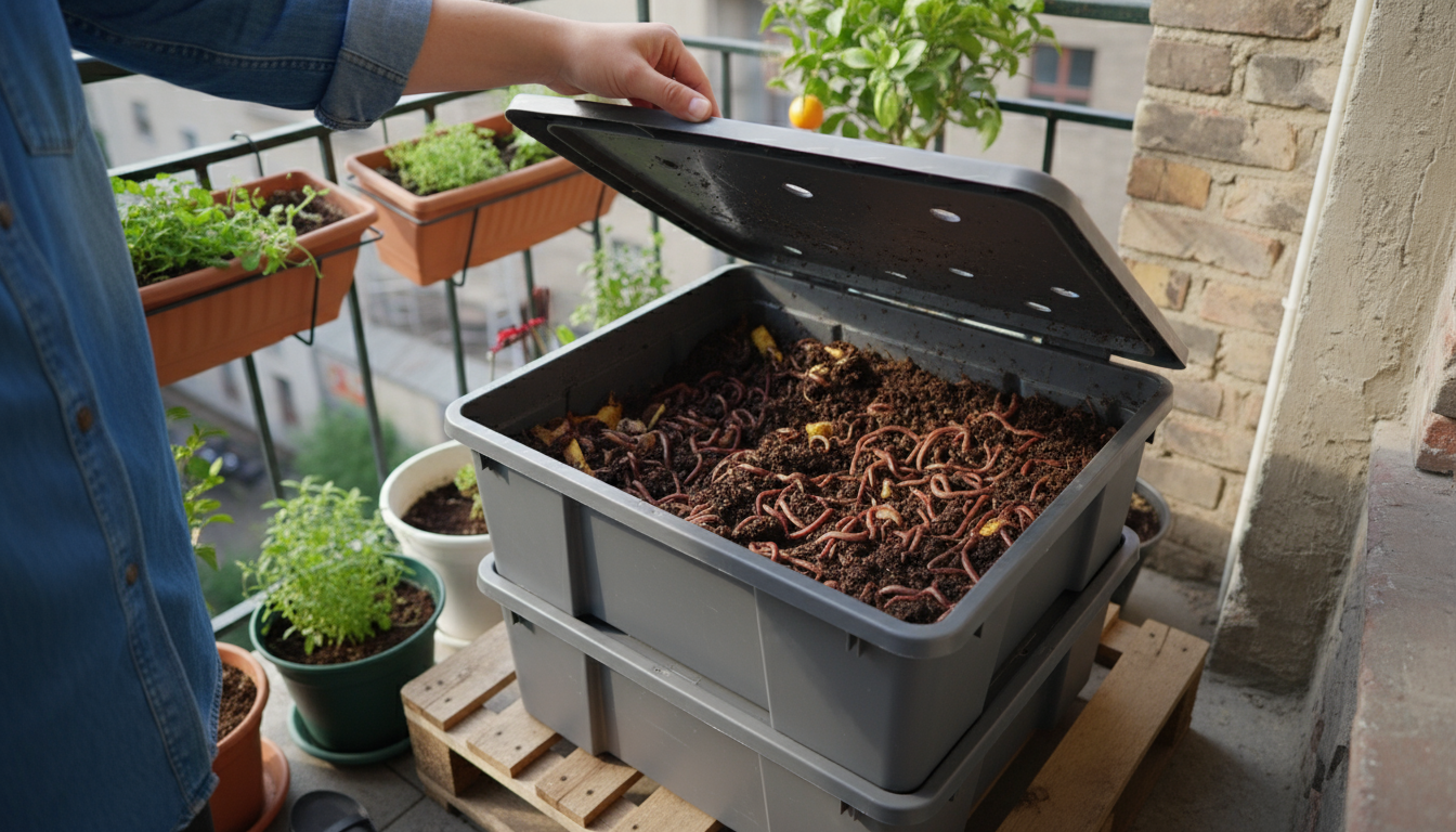 Hands sprinkling dark worm castings onto the soil of a vibrant basil plant in a terracotta pot on a sunny balcony.