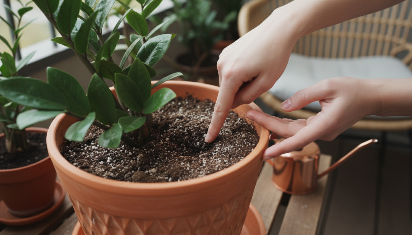 Hands mixing coir, composted bark, and perlite on a tarp on a balcony, surrounded by sustainable, peat-free potting materials.