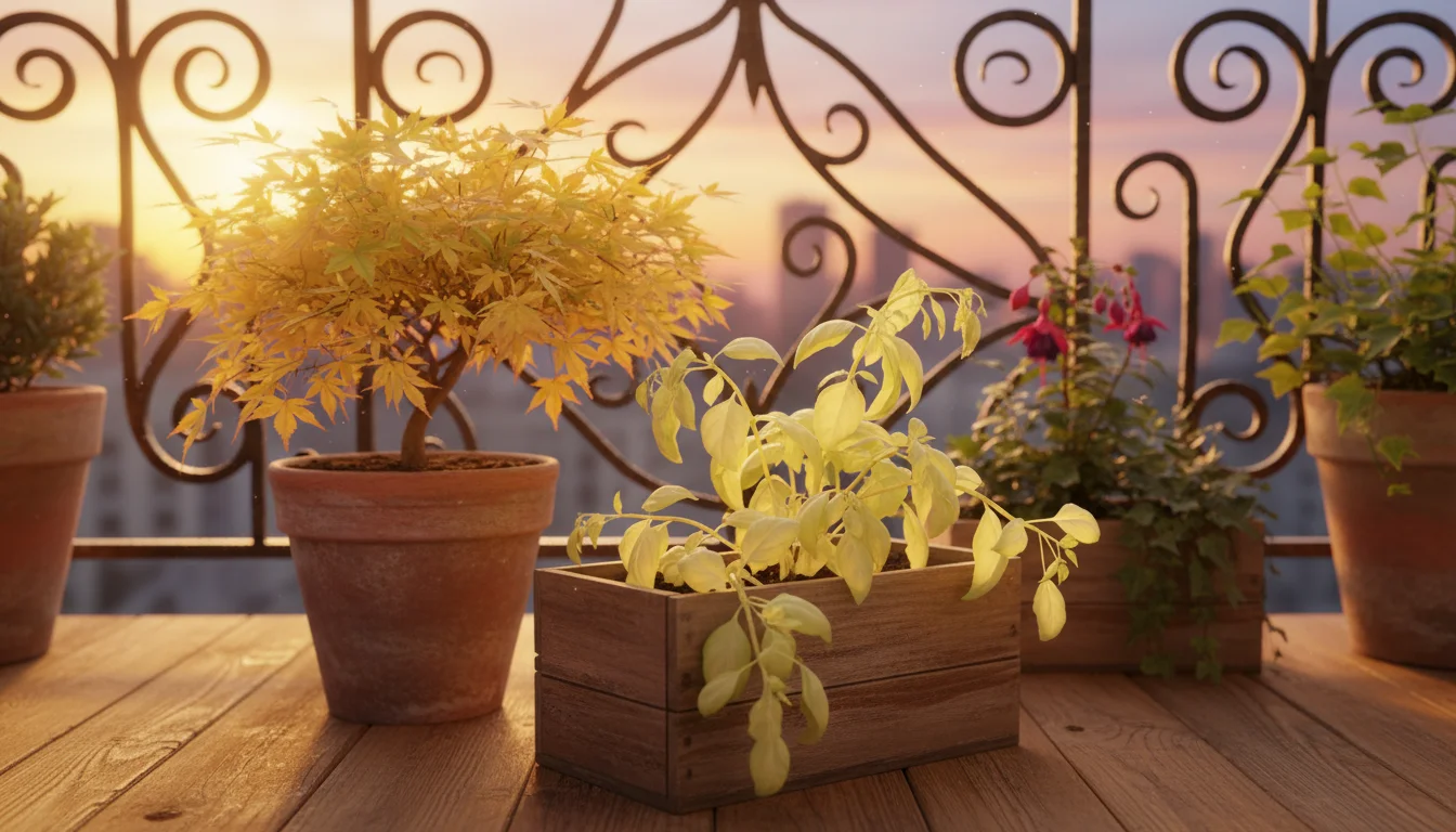 Autumn balcony garden: A dwarf maple shows healthy golden fall leaves next to a basil plant with pale, stressed yellow foliage in a wooden planter, ba
