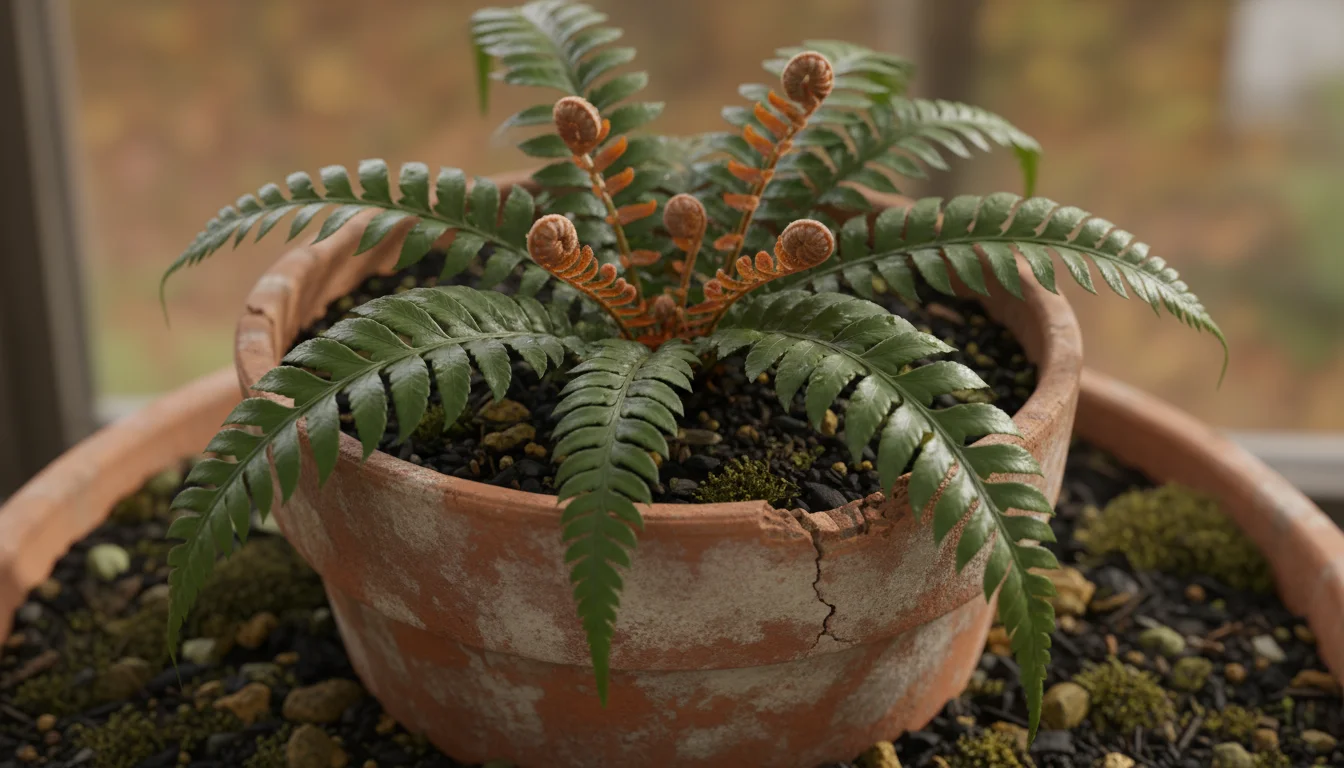 Close-up of an Autumn Fern in a terracotta pot, featuring new coppery-bronze fronds blending into glossy dark green mature fronds.