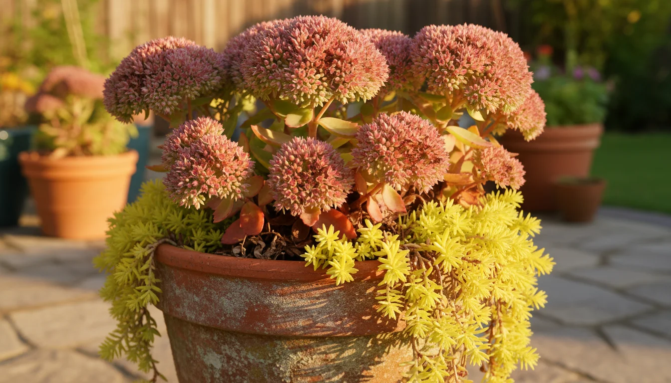 A 'Autumn Joy' sedum in a weathered terracotta pot displays pink and russet flower heads. Bright green trailing sedum drapes over the pot's edge.