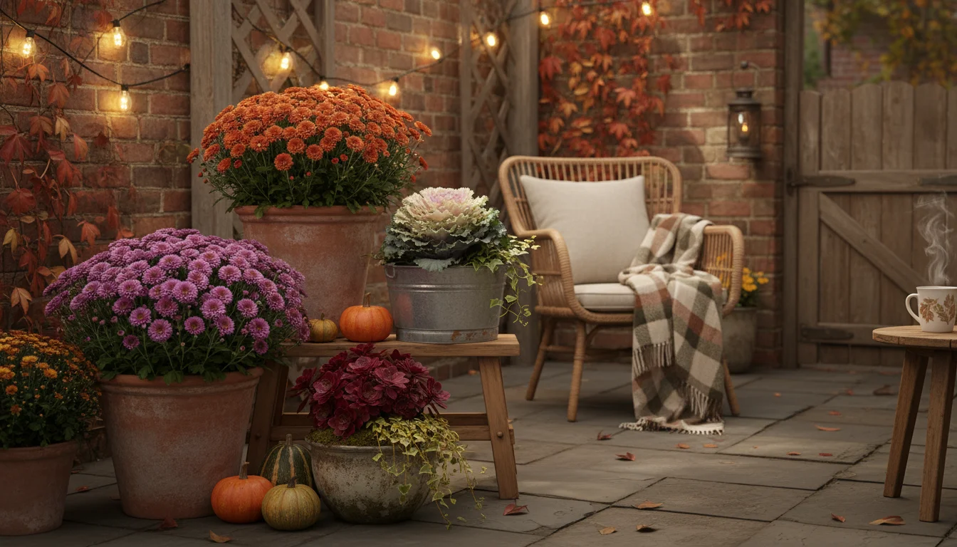 An inviting autumn patio corner displaying terracotta, galvanized, and ceramic pots filled with colorful mums, ornamental kale, pansies, and Heuchera.