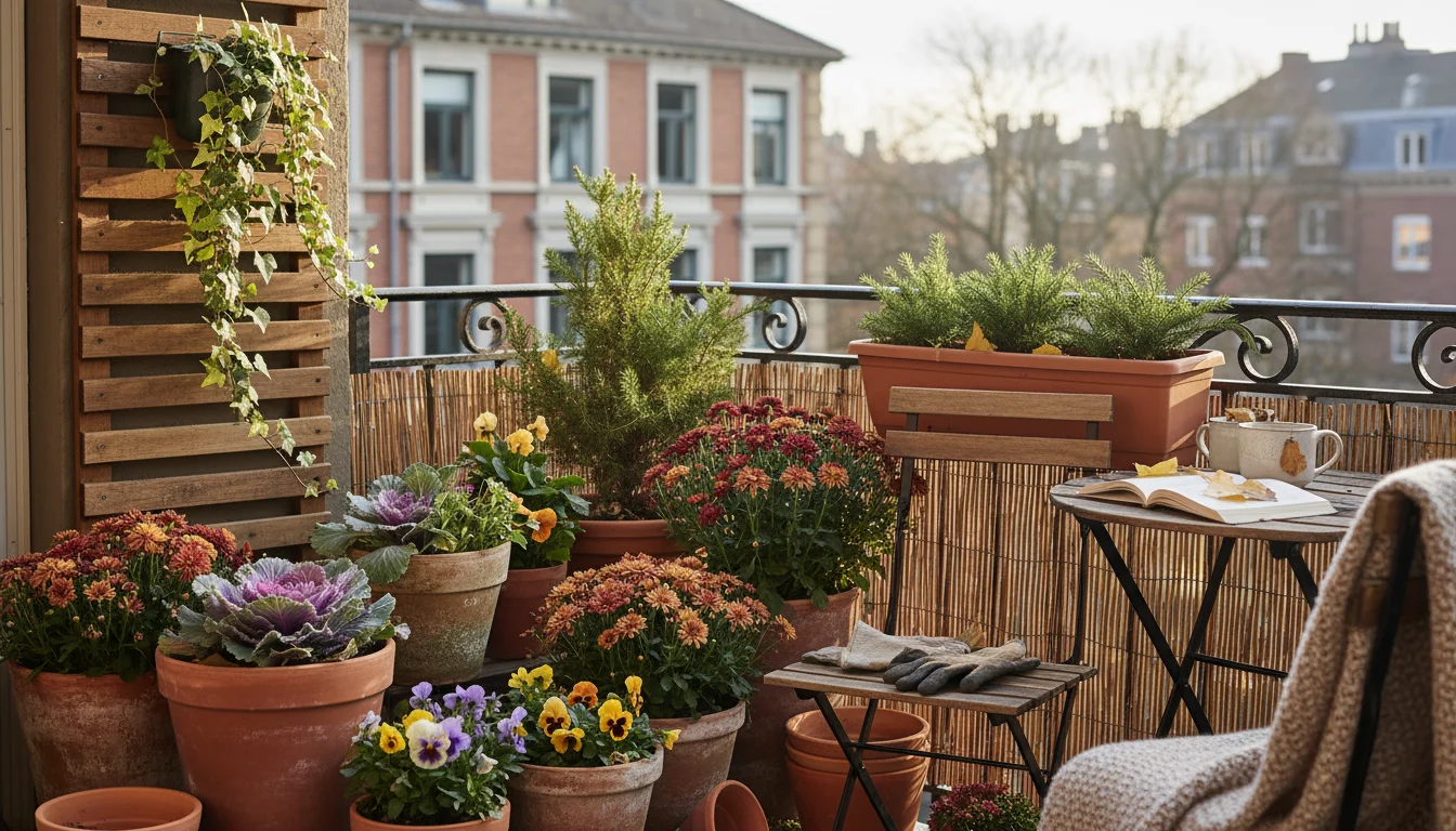Autumn urban balcony with diverse container plants (kale, pansies, mums). An open gardening journal on a small bistro table implies inquiry.