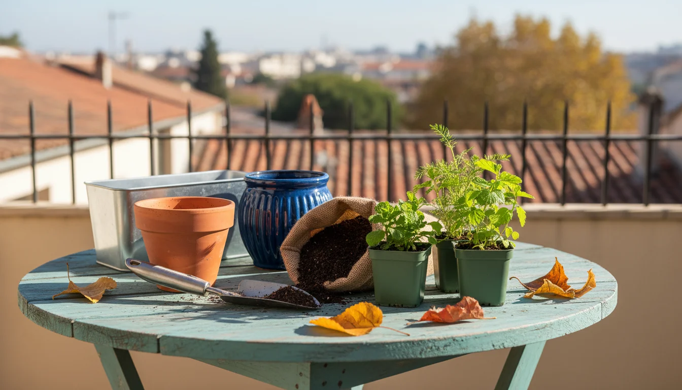 An autumnal patio table displays empty herb pots, an open bag of potting soil, and small tea herb plants ready for planting.