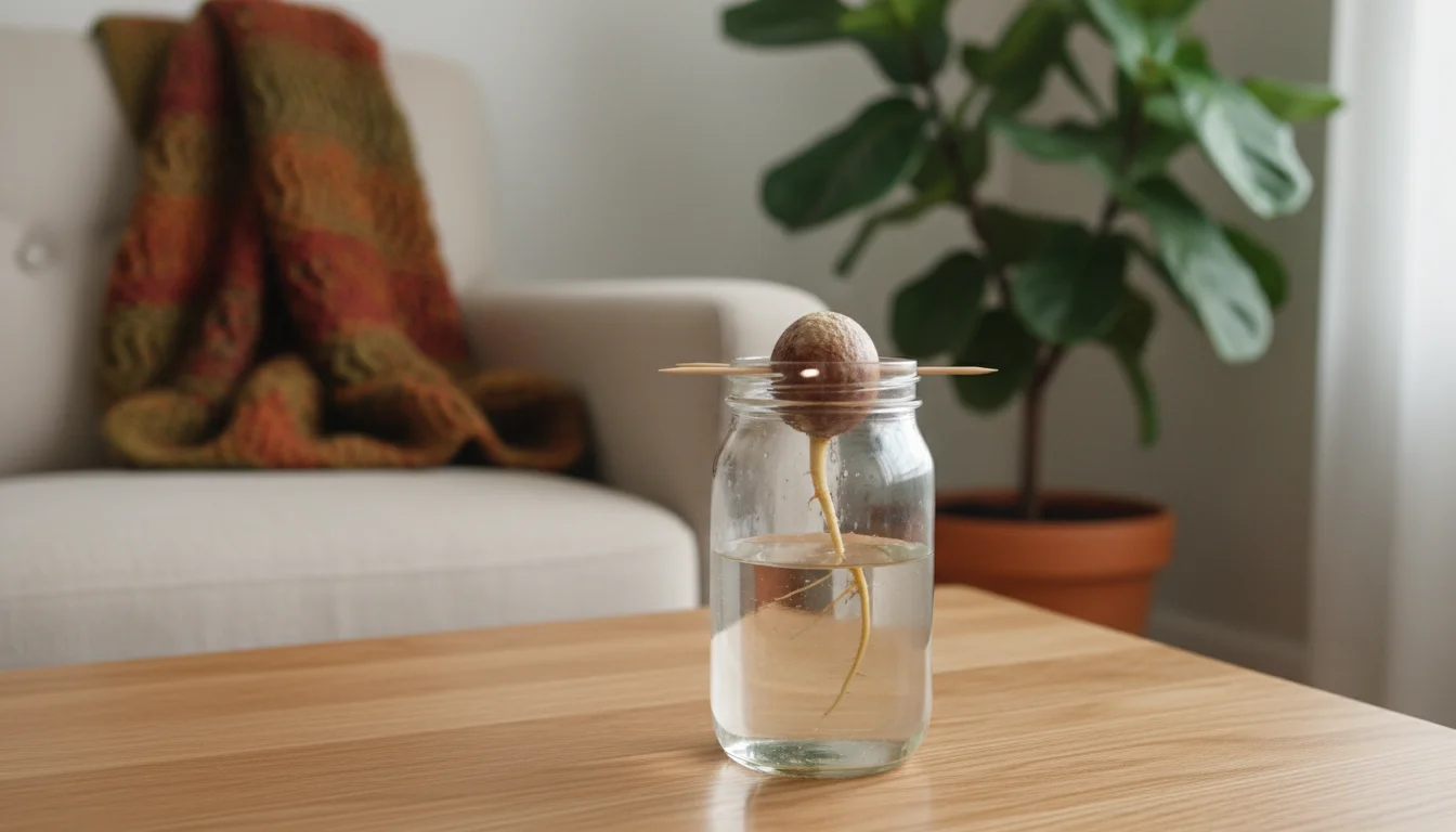Avocado pit in a glass, with a small root, on a wooden surface in a warm, cozy indoor setting.