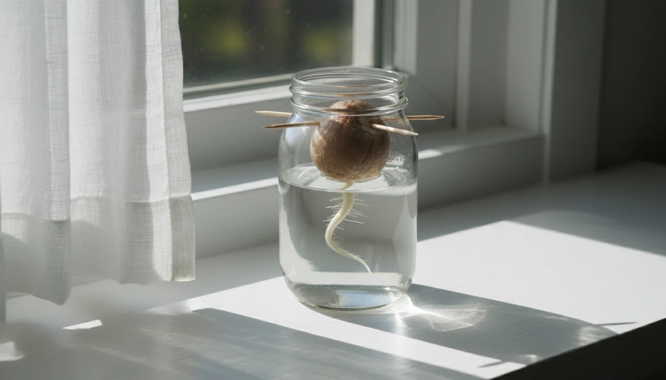 An avocado pit in a clear glass on a white windowsill, bathed in bright, indirect light from a sheer-curtained window.