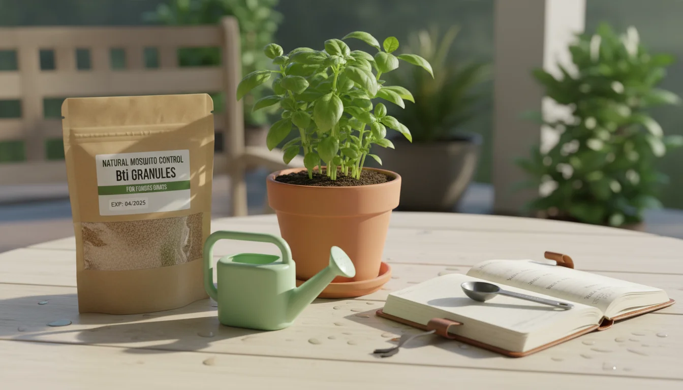 A bag of Bti granules, a small watering can, a potted herb, and an open journal on a patio table.