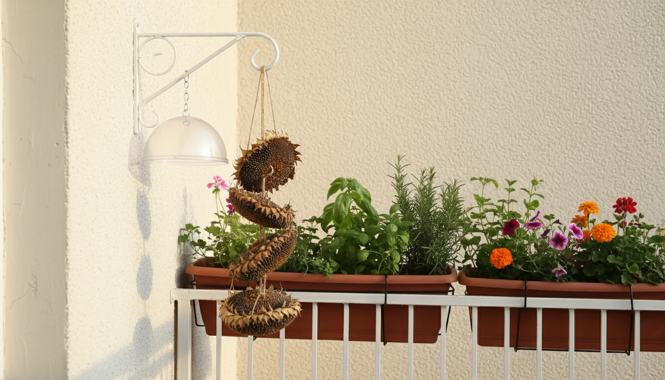 Balcony bird feeder with a clear squirrel baffle hangs away from railing and plants, surrounded by lush potted greenery.